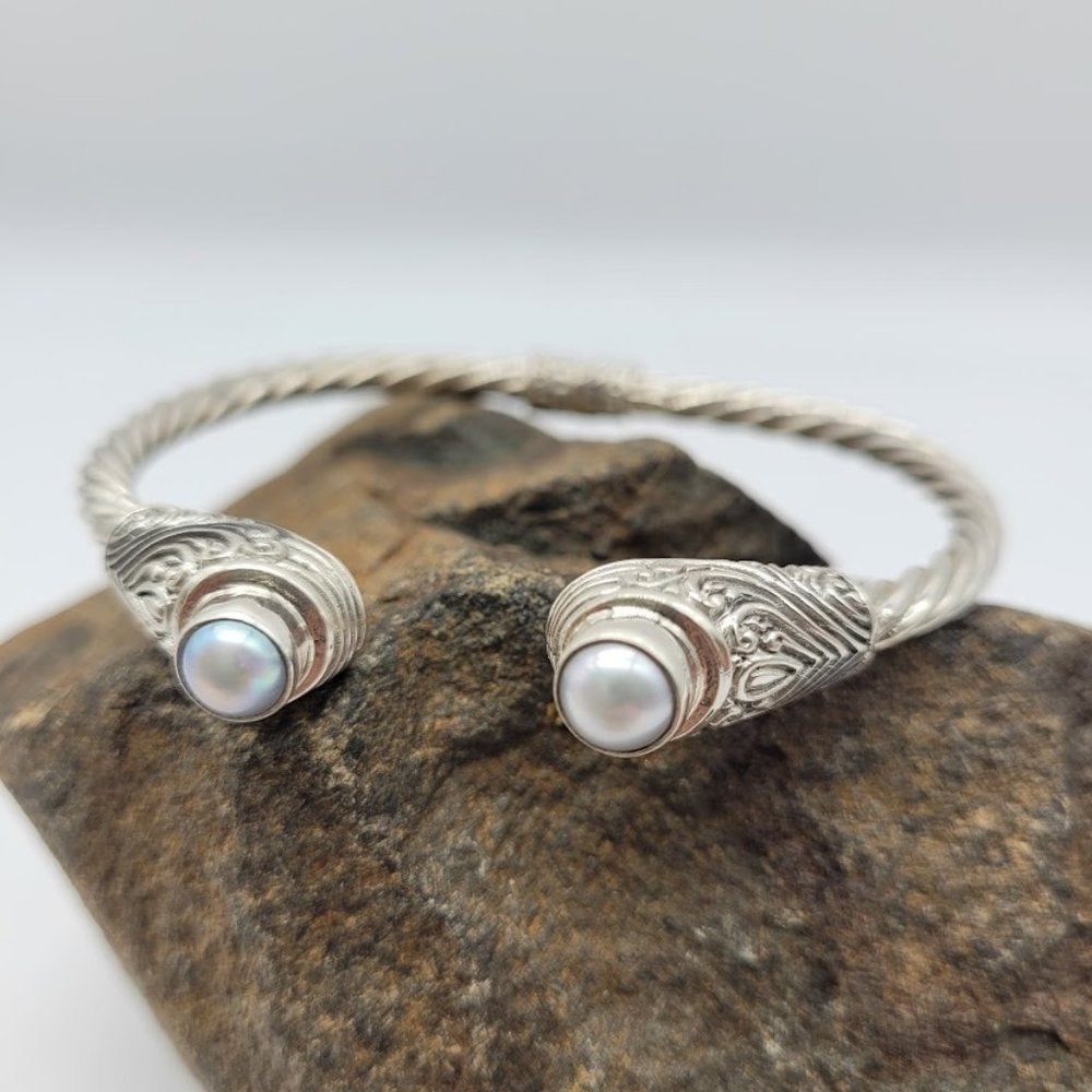 NEW Sterling Silver & Pearl Hinged Cuff Bracelet Beach Gift Diver Sailing Boat